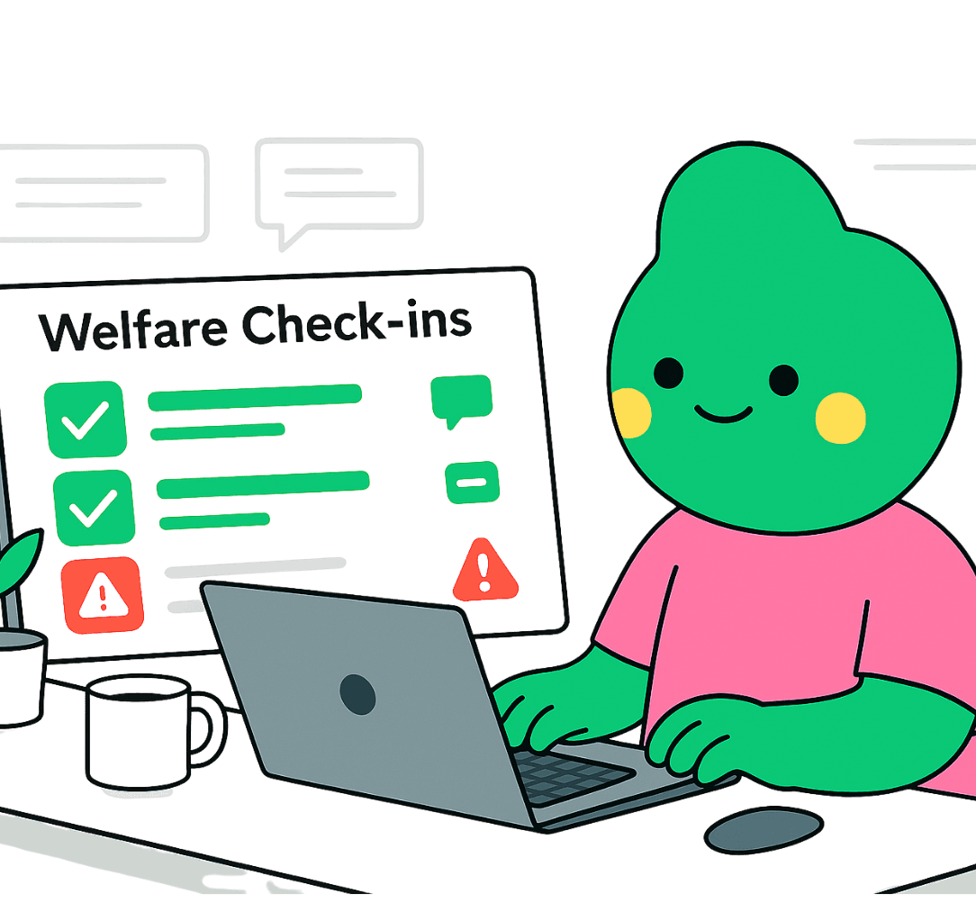 WhatsApp Welfare Messages - Friendly green character with smartphone showing 'I'm okay' message and document with checkmarks
